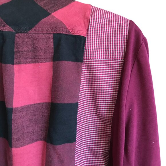 Upcycled Patchwork Flannel Shirt, Size M: Mixed Print Button-Down Magenta Blouse - Picture 6 of 11